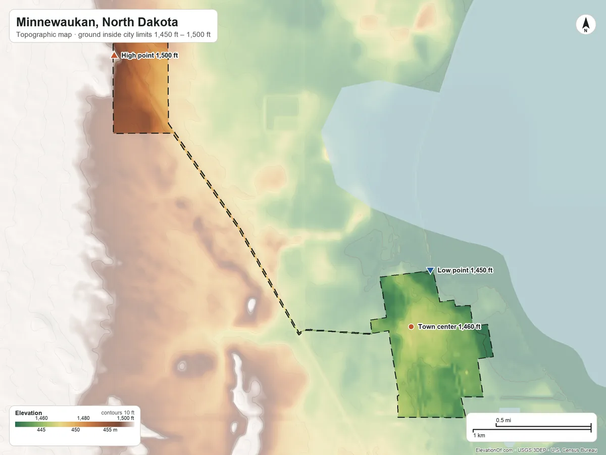 Topographic elevation map of Minnewaukan, North Dakota, shaded from 1,450 ft on the north side to 1,500 ft on the northwest side
