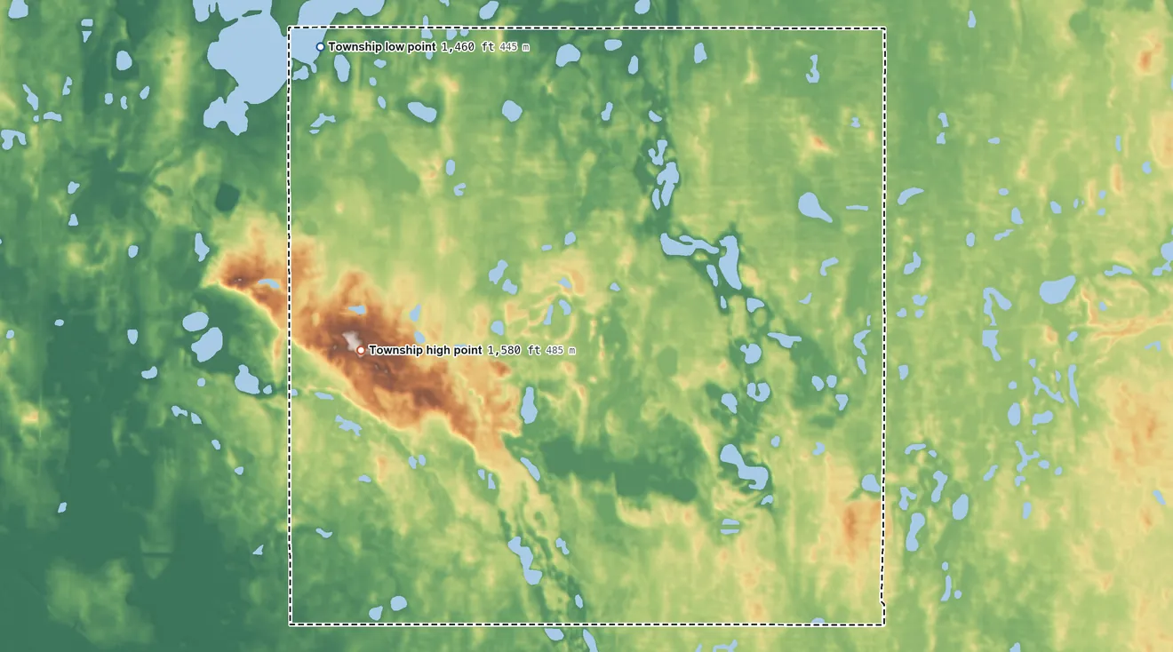 Topographic elevation map of Minnewaukan Township, North Dakota, shaded from 1,460 ft on the northwest side to 1,580 ft on the northwest side