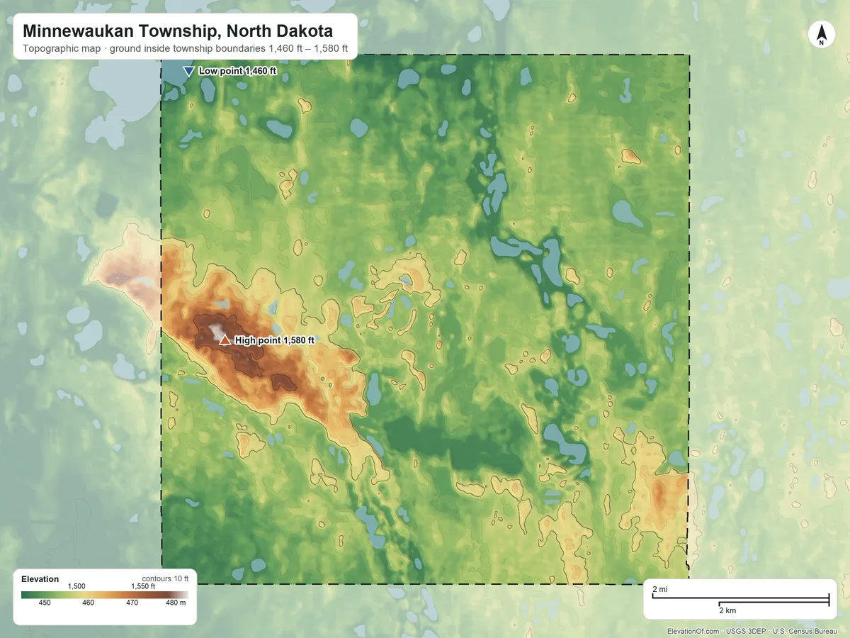 Topographic elevation map of Minnewaukan Township, North Dakota, shaded from 1,460 ft on the northwest side to 1,580 ft on the northwest side