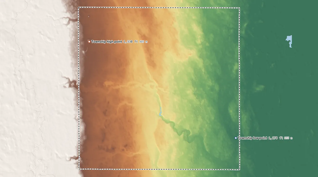 Topographic elevation map of Minnie Lake Township, North Dakota, shaded from 1,170 ft on the east side to 1,330 ft on the northwest side
