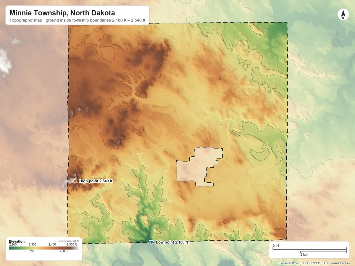 Topographic elevation map of Minnie Township, North Dakota, shaded from 2,180 ft on the south side to 2,540 ft on the west side