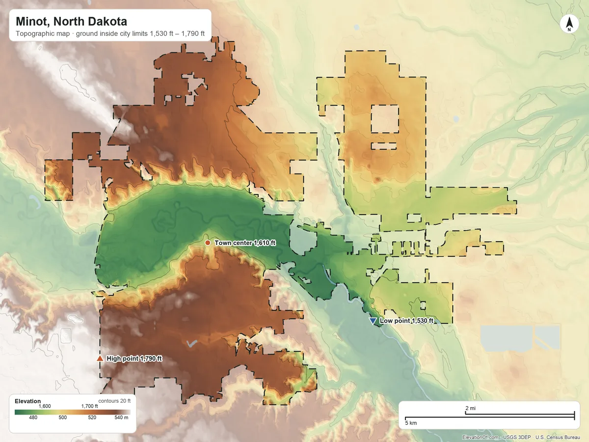 Topographic elevation map of Minot, North Dakota, shaded from 1,530 ft on the southeast side to 1,790 ft on the southwest side