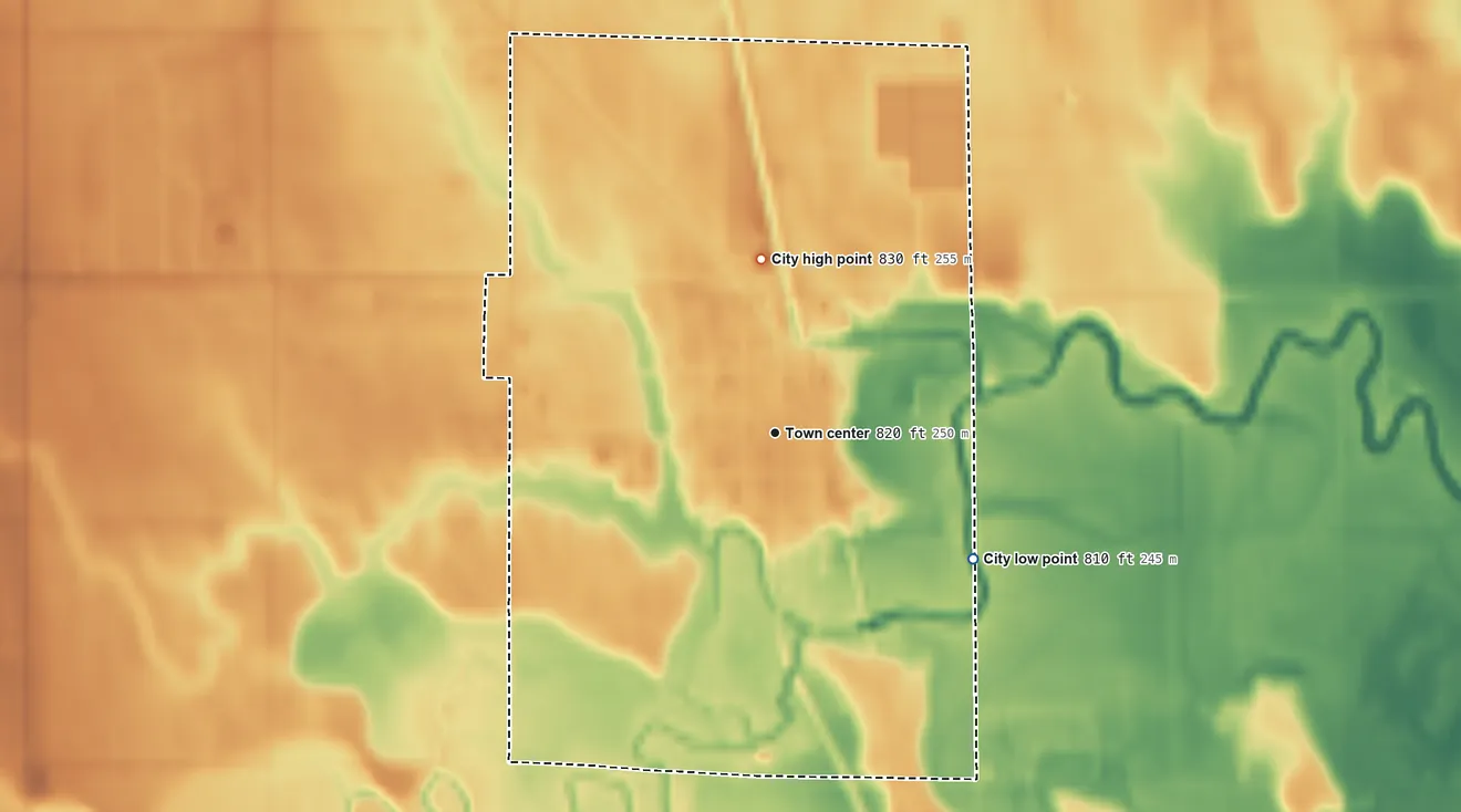 Topographic elevation map of Minto, North Dakota, shaded from 810 ft on the southeast side to 830 ft on the north side