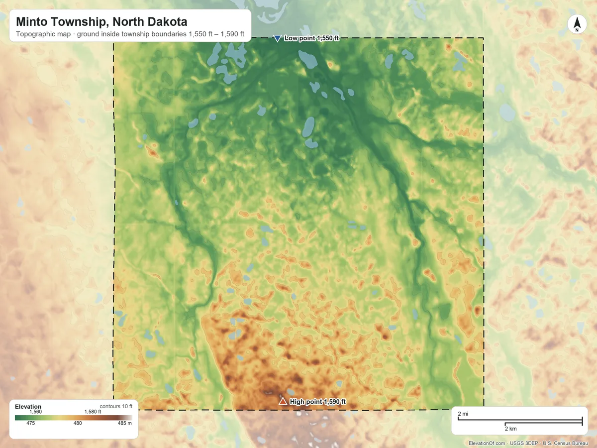 Topographic elevation map of Minto Township, North Dakota, shaded from 1,550 ft on the north side to 1,590 ft on the southwest side