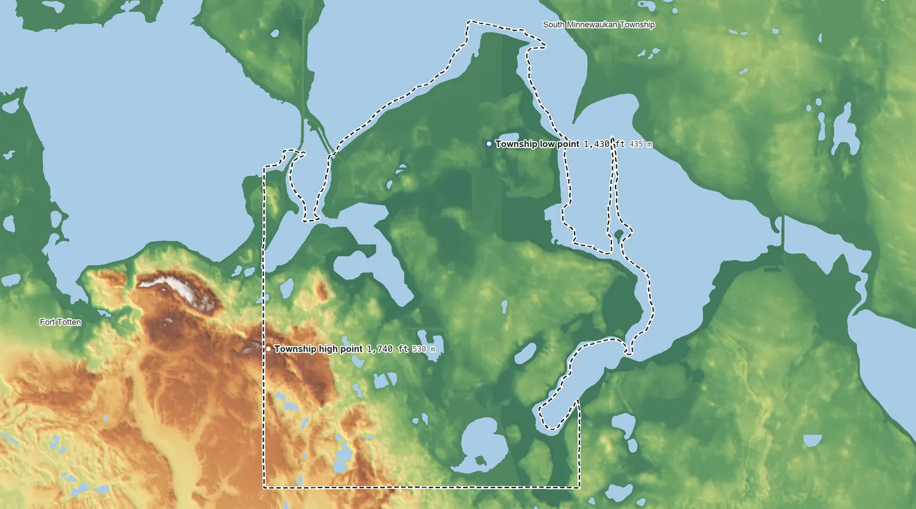 Topographic elevation map of Mission Township, North Dakota, shaded from 1,430 ft on the northeast side to 1,740 ft on the southwest side