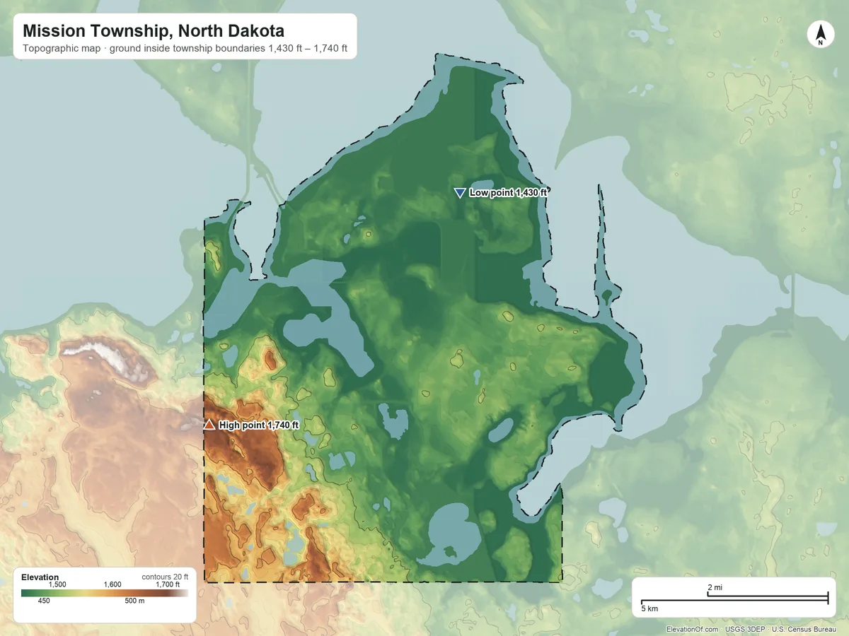 Topographic elevation map of Mission Township, North Dakota, shaded from 1,430 ft on the northeast side to 1,740 ft on the southwest side