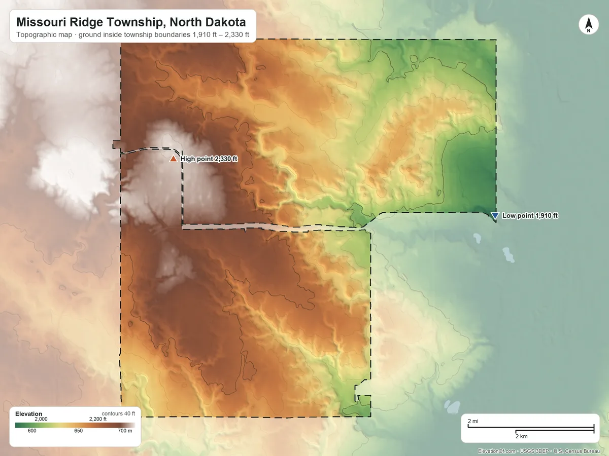 Topographic elevation map of Missouri Ridge Township, North Dakota, shaded from 1,910 ft on the southeast side to 2,330 ft on the west side