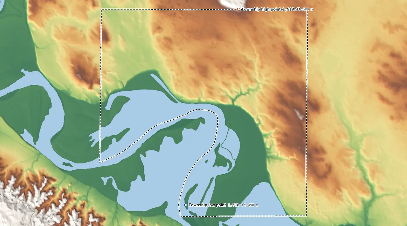 Topographic elevation map of Missouri Township, North Dakota, shaded from 1,610 ft on the south side to 1,910 ft on the north side