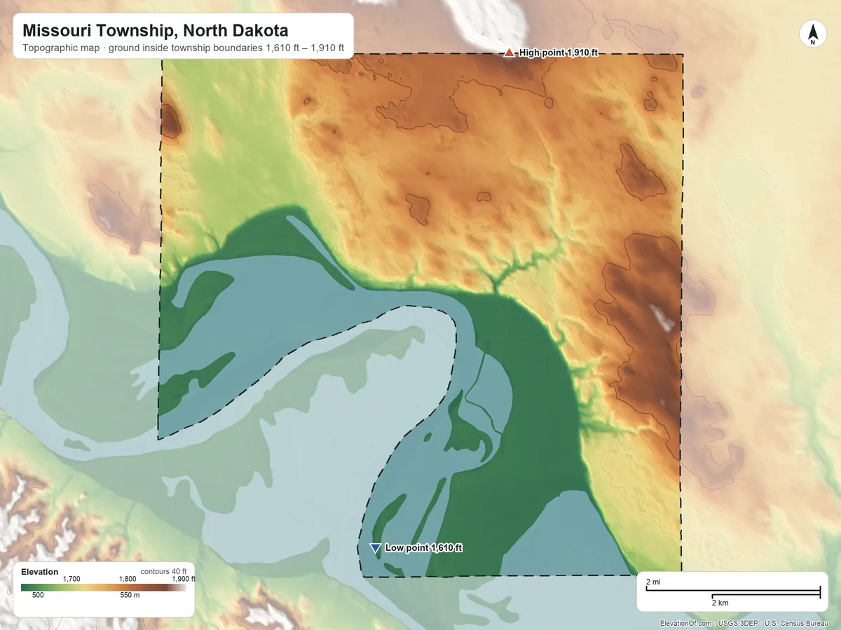 Topographic elevation map of Missouri Township, North Dakota, shaded from 1,610 ft on the south side to 1,910 ft on the north side