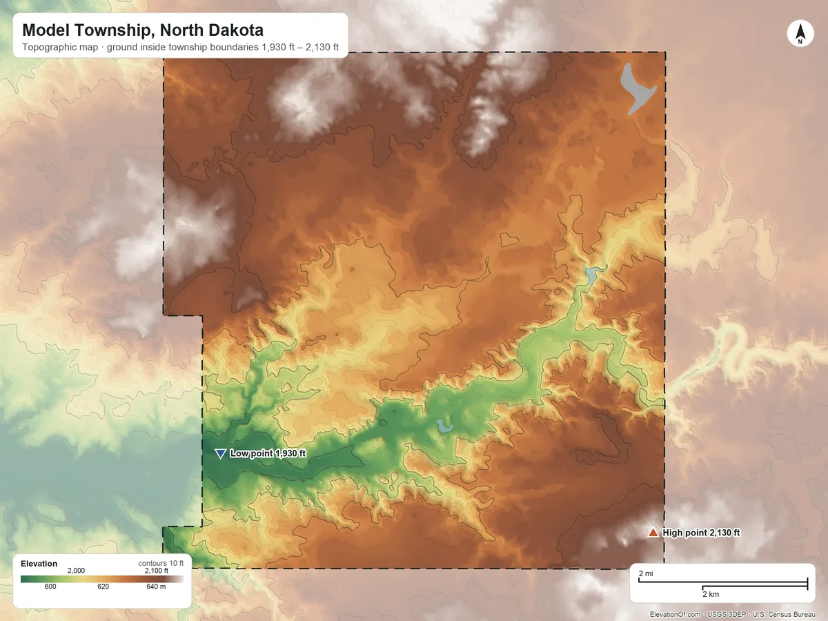 Topographic elevation map of Model Township, North Dakota, shaded from 1,930 ft on the southwest side to 2,130 ft on the southeast side