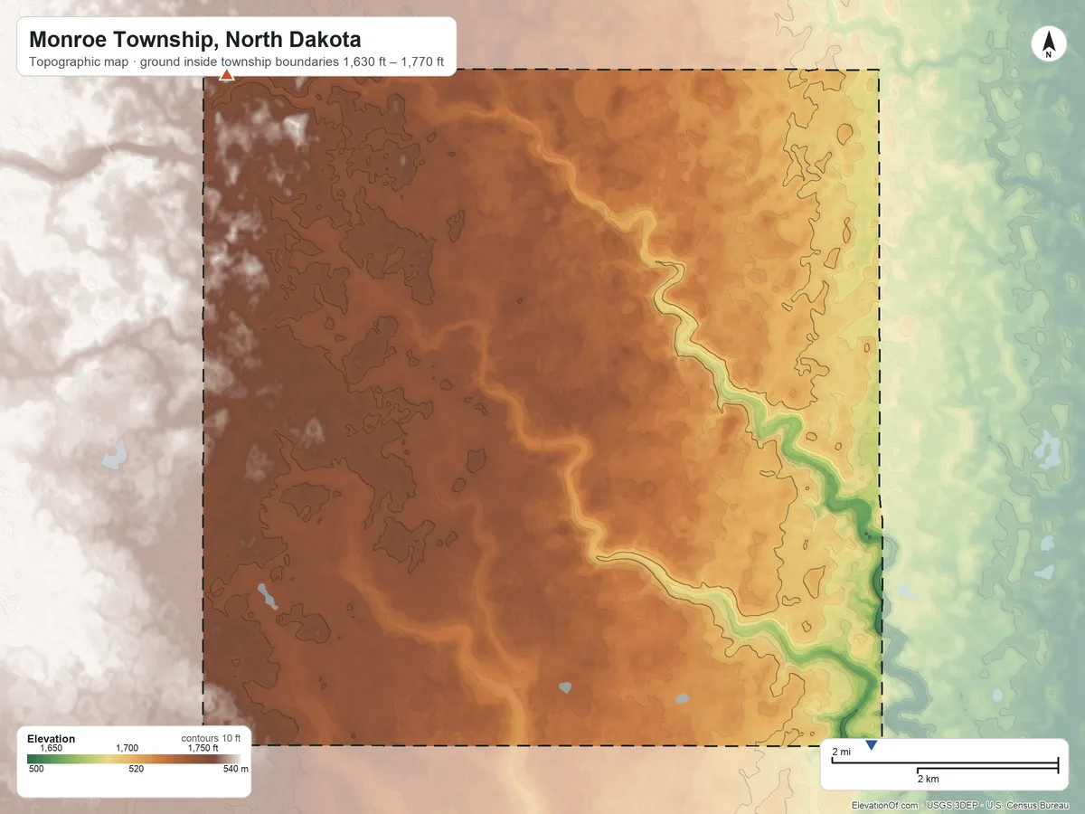 Topographic elevation map of Monroe Township, North Dakota, shaded from 1,630 ft on the east side to 1,770 ft on the northwest side