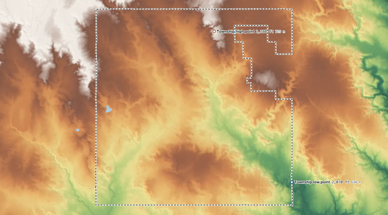 Topographic elevation map of Mont Township, North Dakota, shaded from 2,070 ft on the southeast side to 2,380 ft on the north side