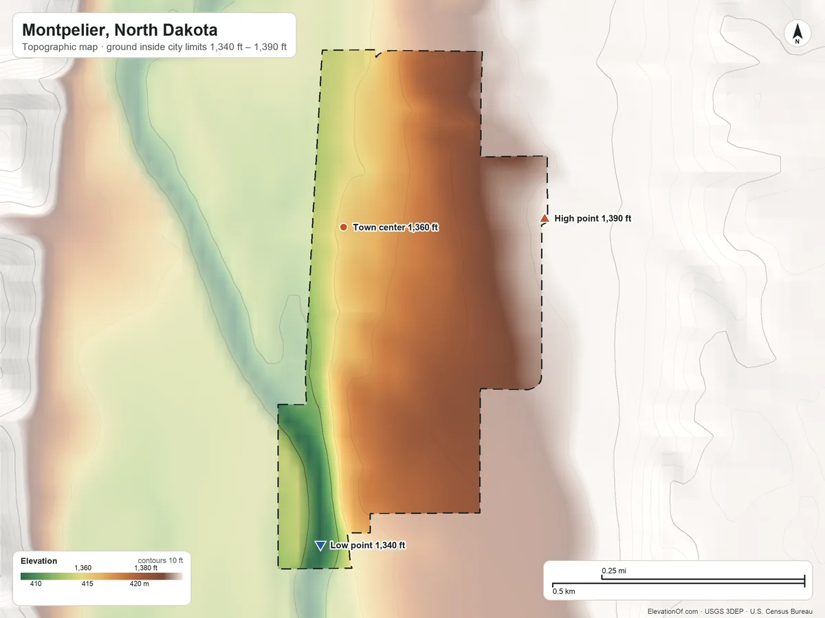 Topographic elevation map of Montpelier, North Dakota, shaded from 1,340 ft on the south side to 1,390 ft on the east side