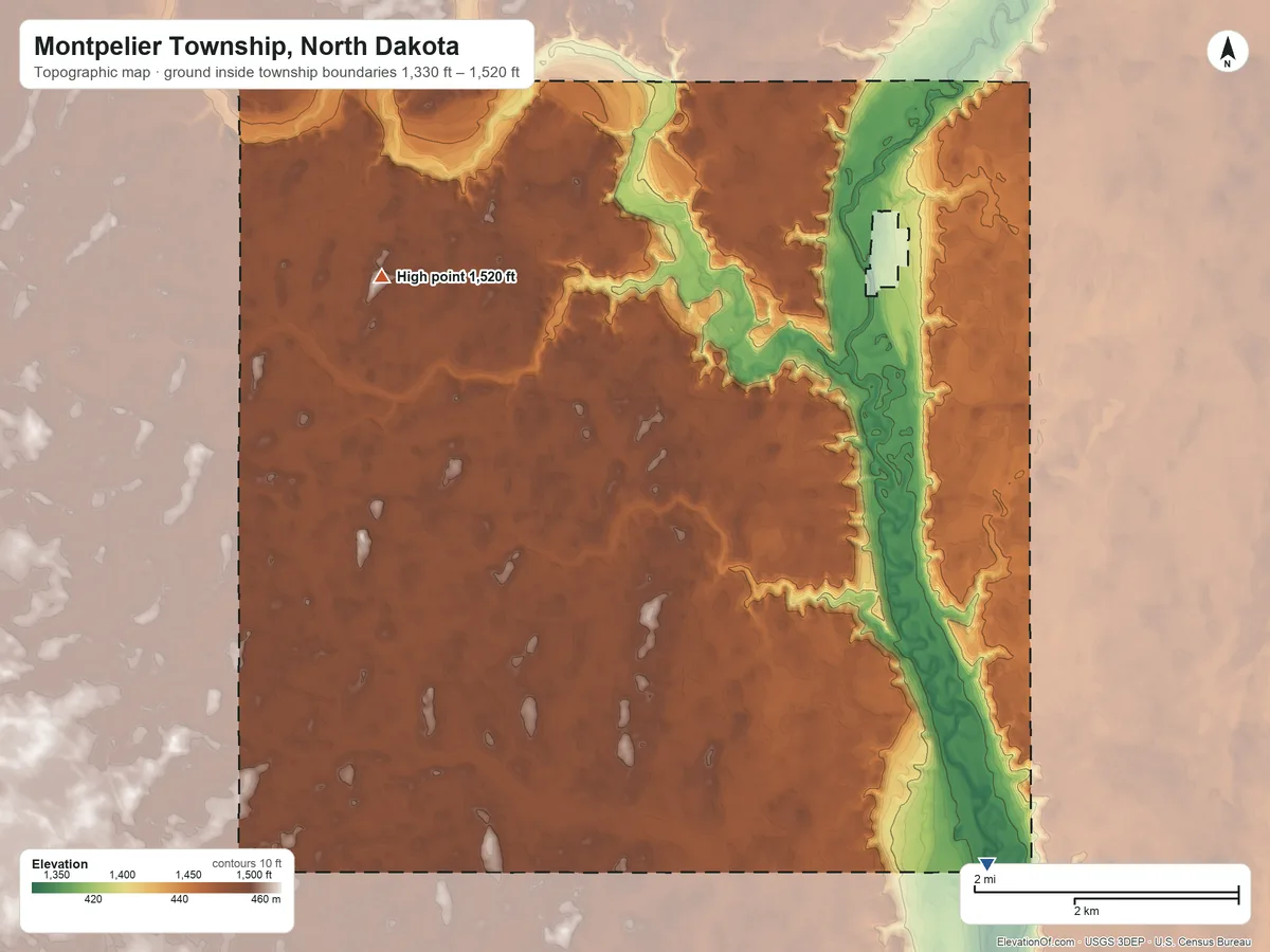 Topographic elevation map of Montpelier Township, North Dakota, shaded from 1,330 ft on the southeast side to 1,520 ft on the west side