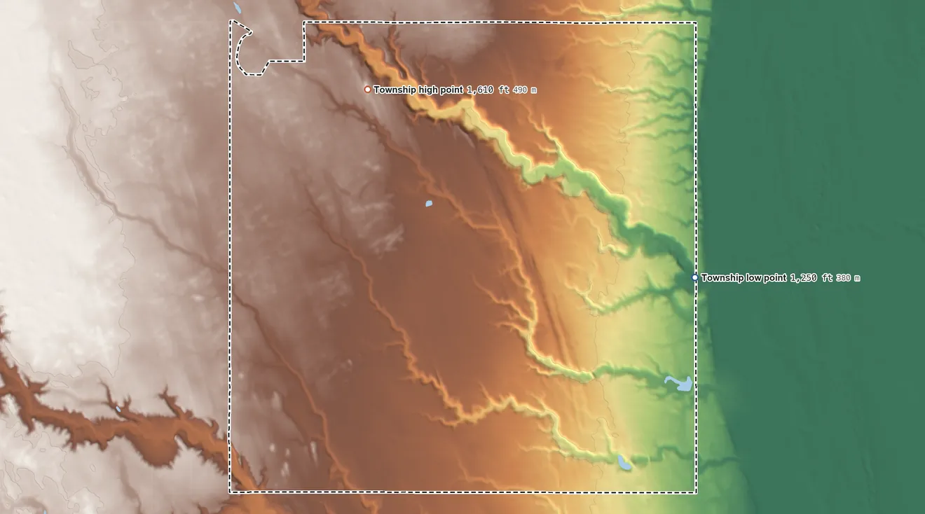 Topographic elevation map of Montrose Township, North Dakota, shaded from 1,250 ft on the east side to 1,610 ft on the north side