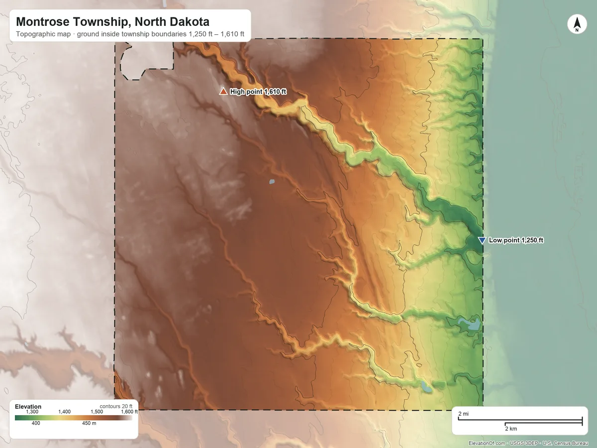 Topographic elevation map of Montrose Township, North Dakota, shaded from 1,250 ft on the east side to 1,610 ft on the north side