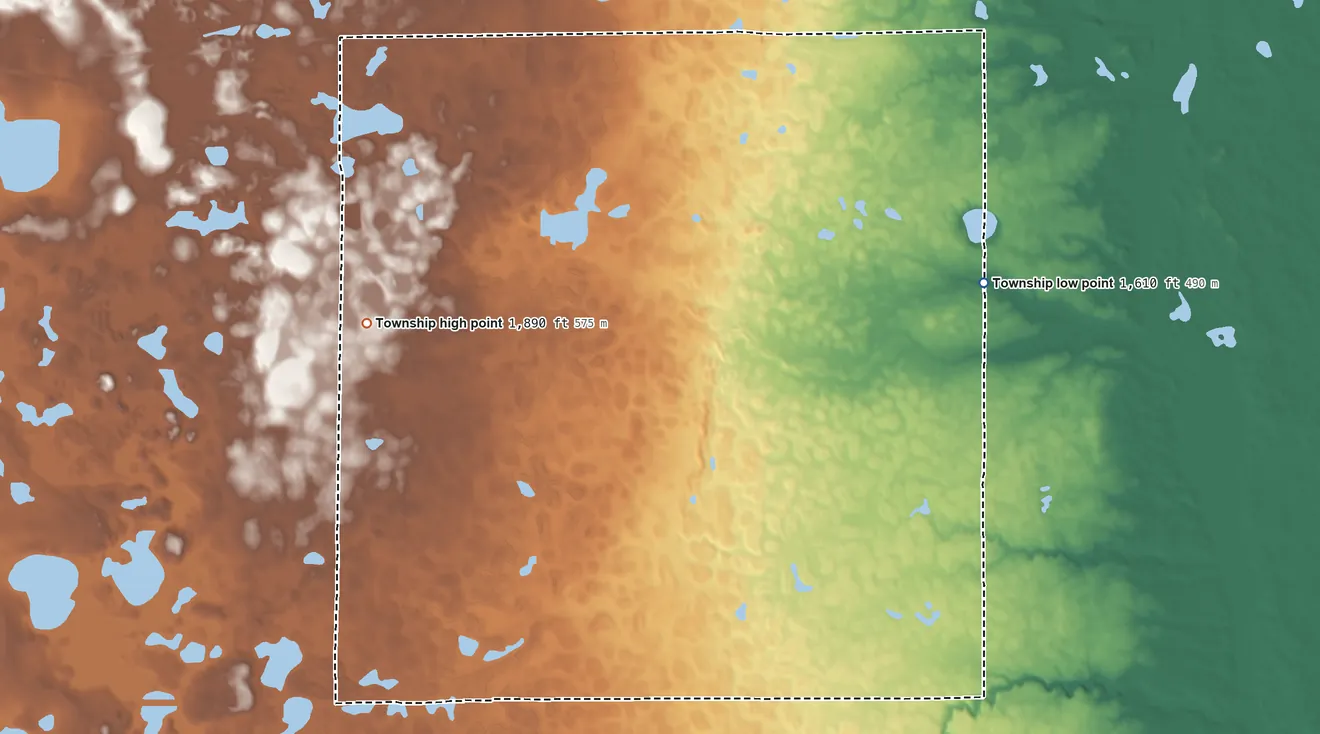Topographic elevation map of Moon Lake Township, North Dakota, shaded from 1,610 ft on the east side to 1,890 ft on the west side
