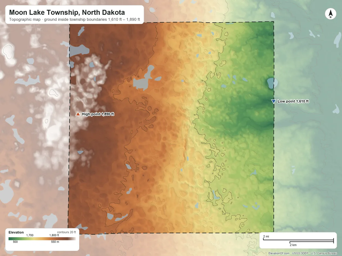 Topographic elevation map of Moon Lake Township, North Dakota, shaded from 1,610 ft on the east side to 1,890 ft on the west side