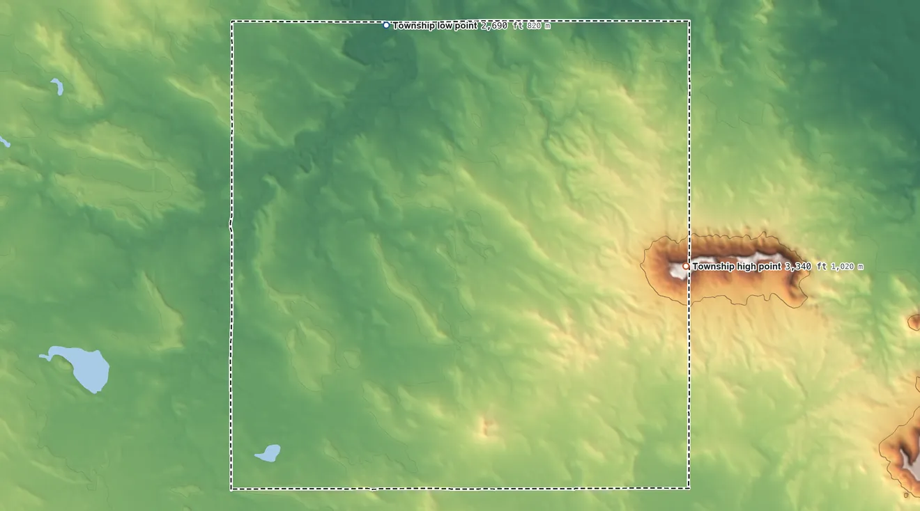 Topographic elevation map of Moord Township, North Dakota, shaded from 2,690 ft on the north side to 3,340 ft on West Rainy Butte