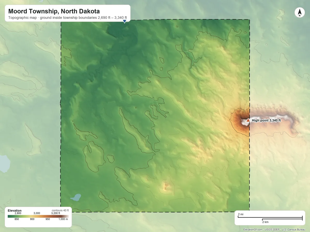 Topographic elevation map of Moord Township, North Dakota, shaded from 2,690 ft on the north side to 3,340 ft on West Rainy Butte