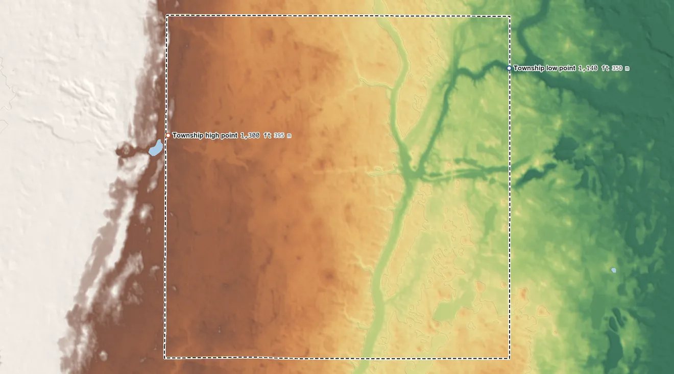 Topographic elevation map of Moore Township, North Dakota, shaded from 1,140 ft on the northeast side to 1,300 ft on the west side