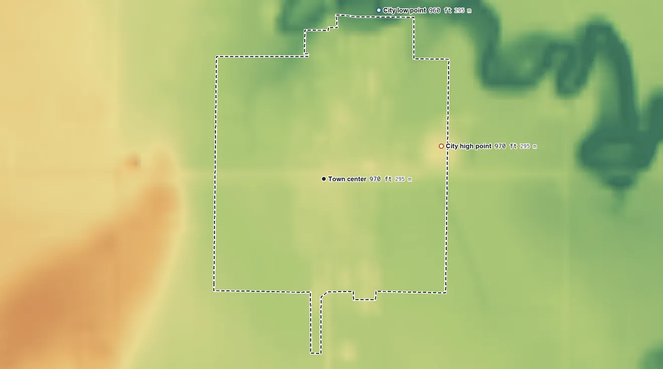 Topographic elevation map of Mooreton, North Dakota, shaded from 960 ft on the north side to 970 ft on the east side