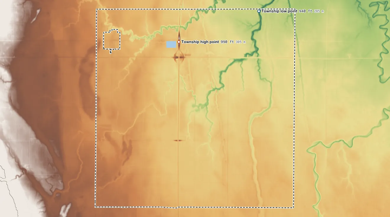Topographic elevation map of Mooreton Township, North Dakota, shaded from 940 ft on the northeast side to 990 ft on the north side