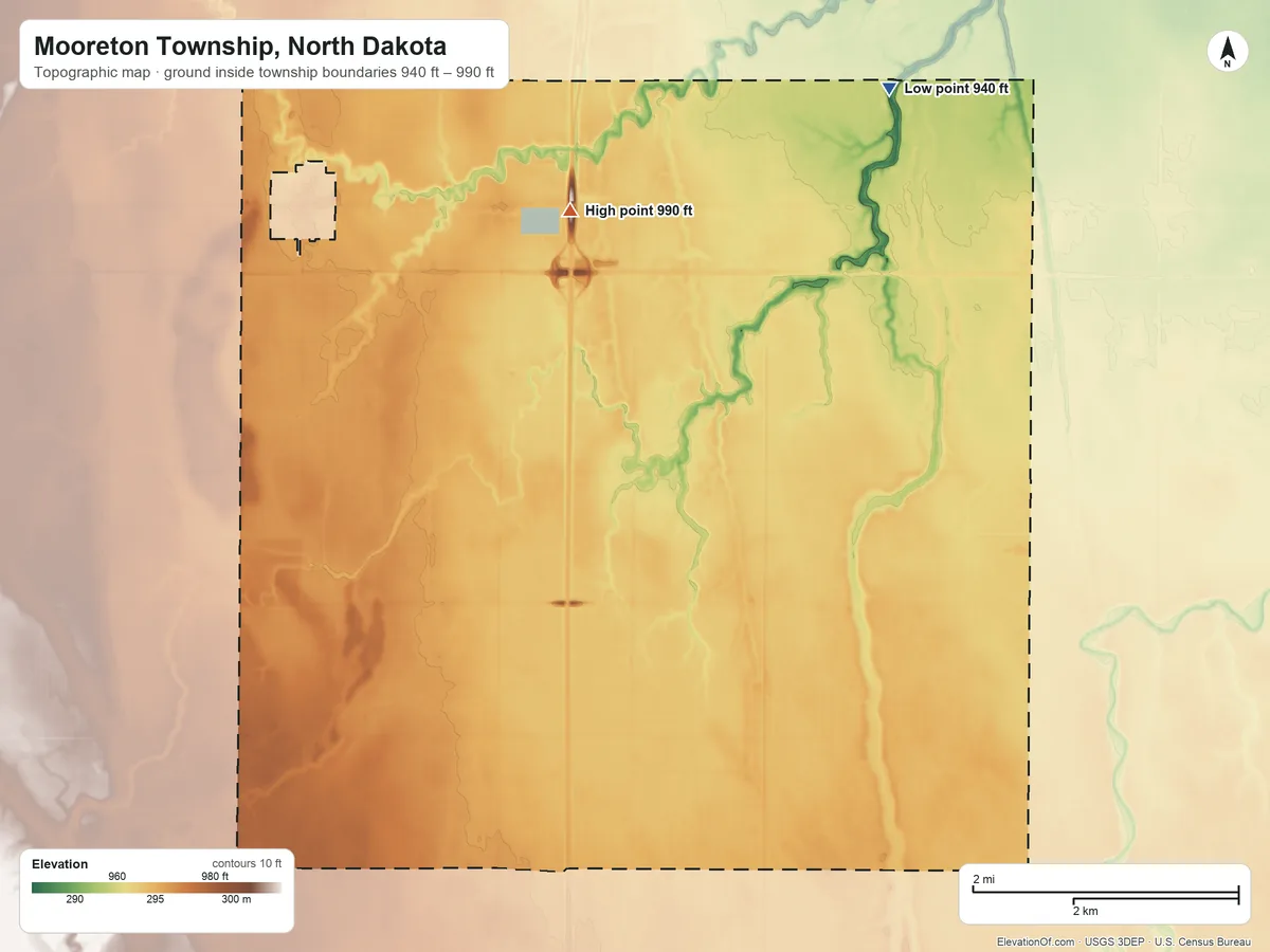 Topographic elevation map of Mooreton Township, North Dakota, shaded from 940 ft on the northeast side to 990 ft on the north side