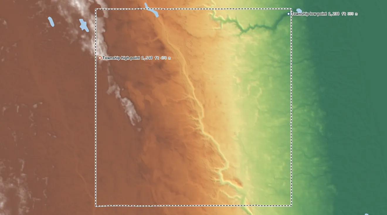 Topographic elevation map of Moraine Township, North Dakota, shaded from 1,230 ft on the northeast side to 1,540 ft on the west side
