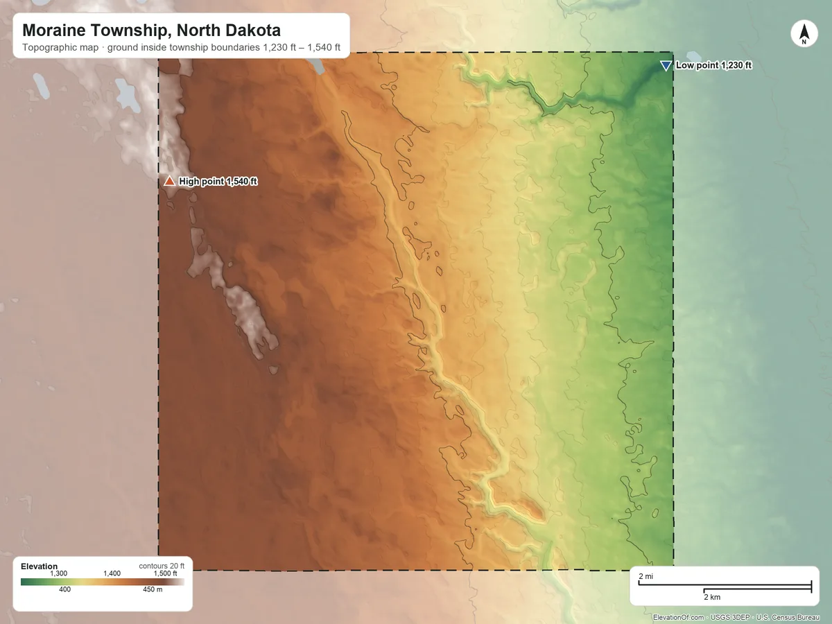 Topographic elevation map of Moraine Township, North Dakota, shaded from 1,230 ft on the northeast side to 1,540 ft on the west side