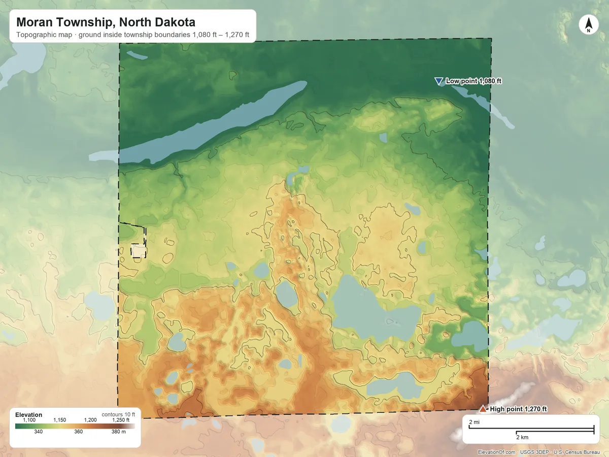 Topographic elevation map of Moran Township, North Dakota, shaded from 1,080 ft on the northeast side to 1,270 ft on the southeast side