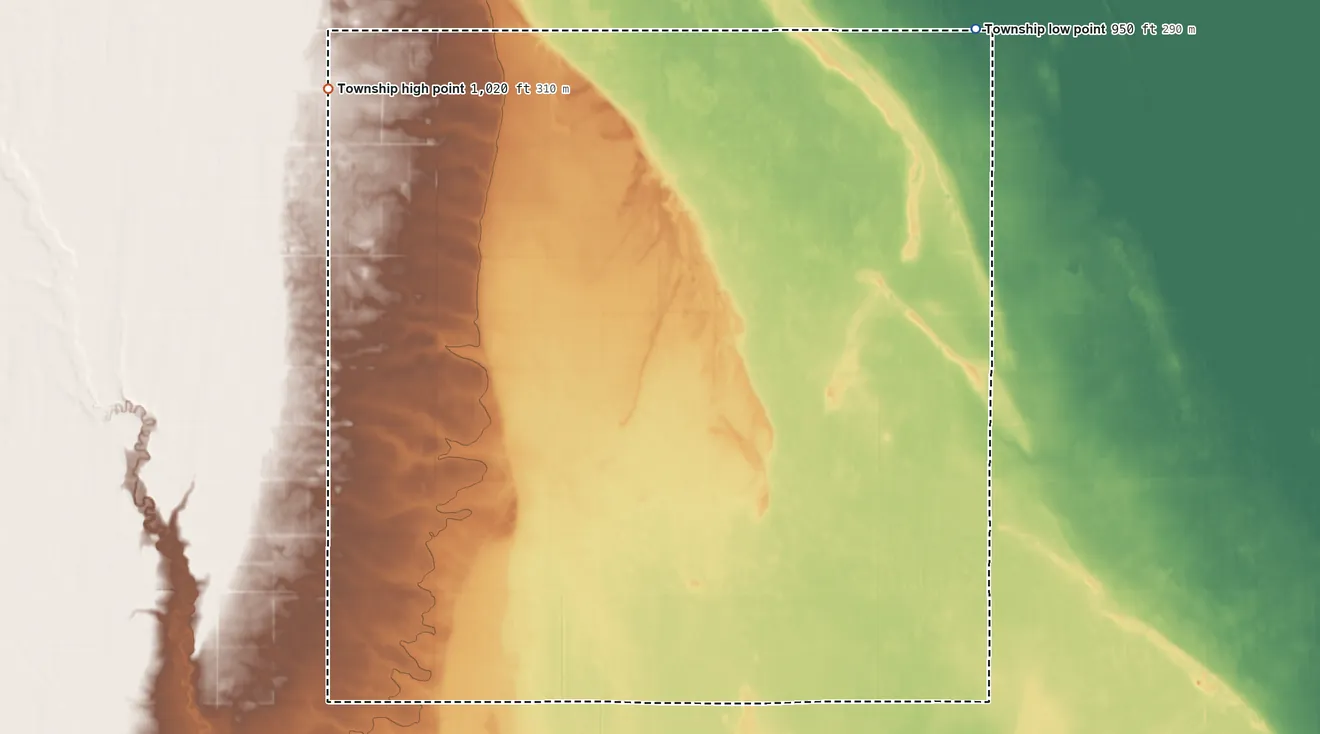 Topographic elevation map of Morgan Township, North Dakota, shaded from 950 ft on the northeast side to 1,020 ft on the northwest side