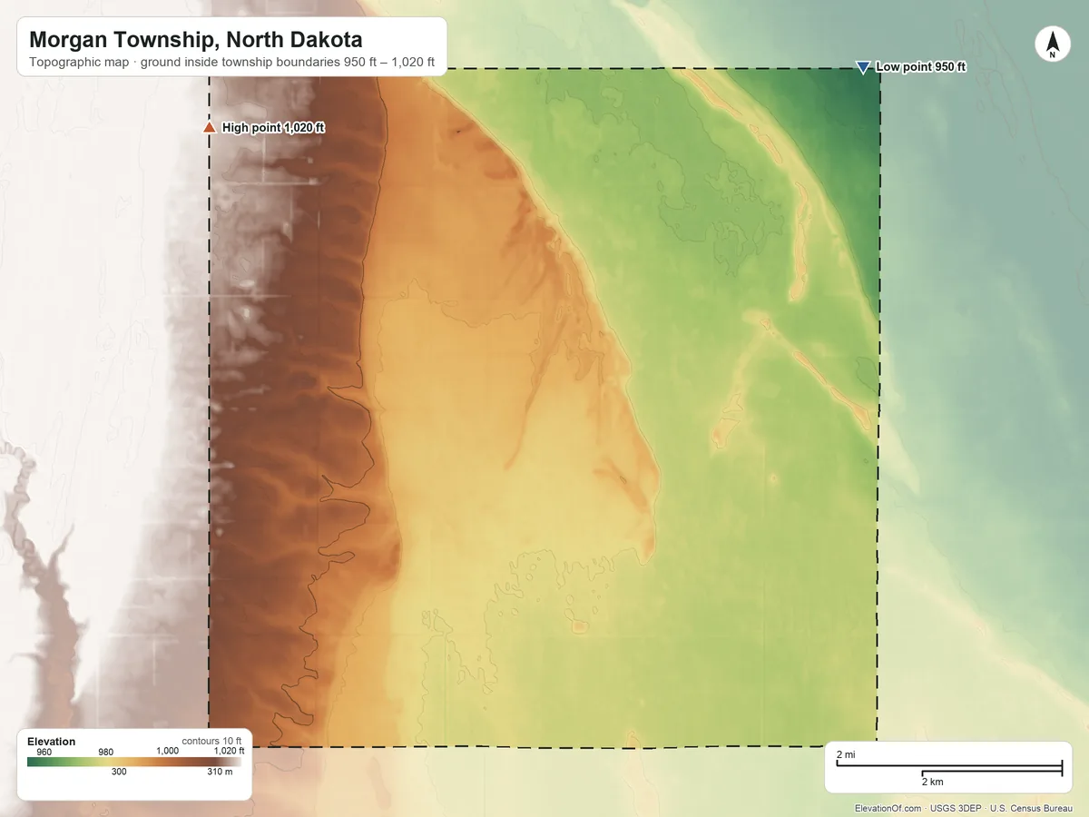 Topographic elevation map of Morgan Township, North Dakota, shaded from 950 ft on the northeast side to 1,020 ft on the northwest side