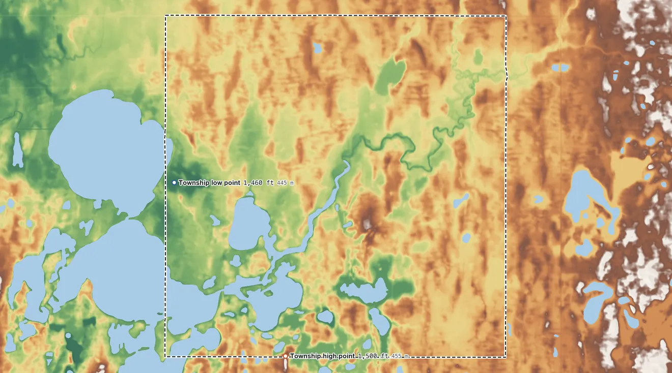 Topographic elevation map of Morris Township, North Dakota, shaded from 1,460 ft on the west side to 1,500 ft on the south side