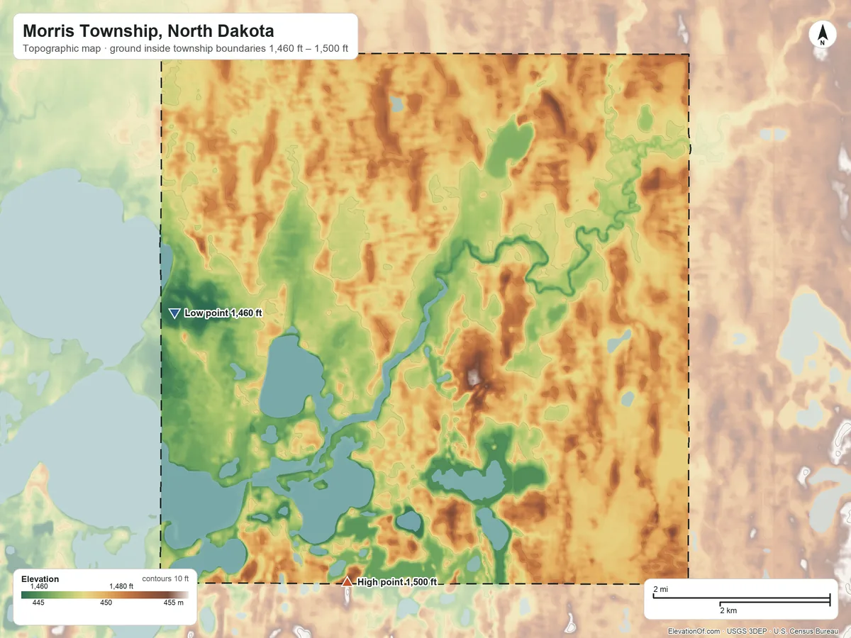 Topographic elevation map of Morris Township, North Dakota, shaded from 1,460 ft on the west side to 1,500 ft on the south side