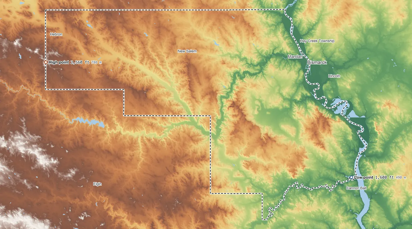 Topographic elevation map of Morton County, North Dakota, shaded from 1,600 ft on the southeast side to 2,560 ft on the west side