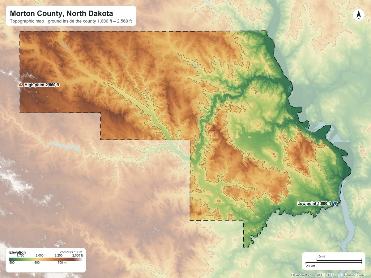 Topographic elevation map of Morton County, North Dakota, shaded from 1,600 ft on the southeast side to 2,560 ft on the west side