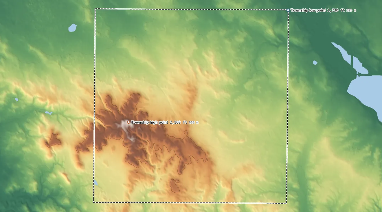 Topographic elevation map of Morton Township, North Dakota, shaded from 1,730 ft on the northeast side to 2,160 ft on the west side