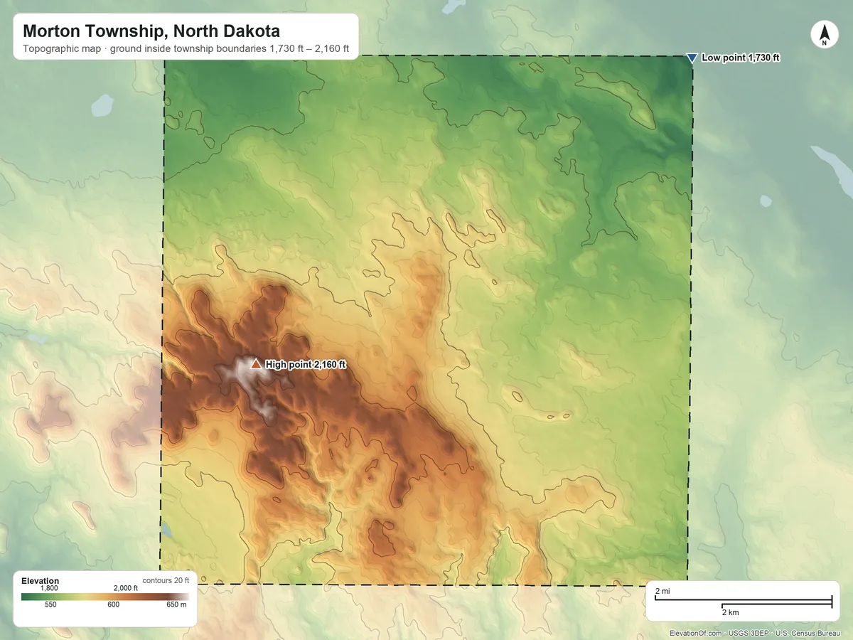 Topographic elevation map of Morton Township, North Dakota, shaded from 1,730 ft on the northeast side to 2,160 ft on the west side
