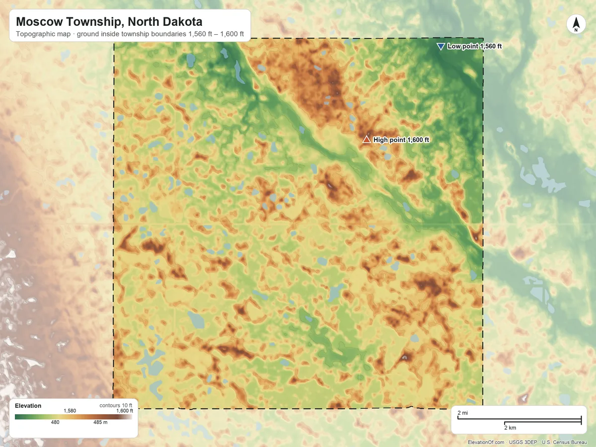 Topographic elevation map of Moscow Township, North Dakota, shaded from 1,560 ft on the northeast side to 1,600 ft on the east side