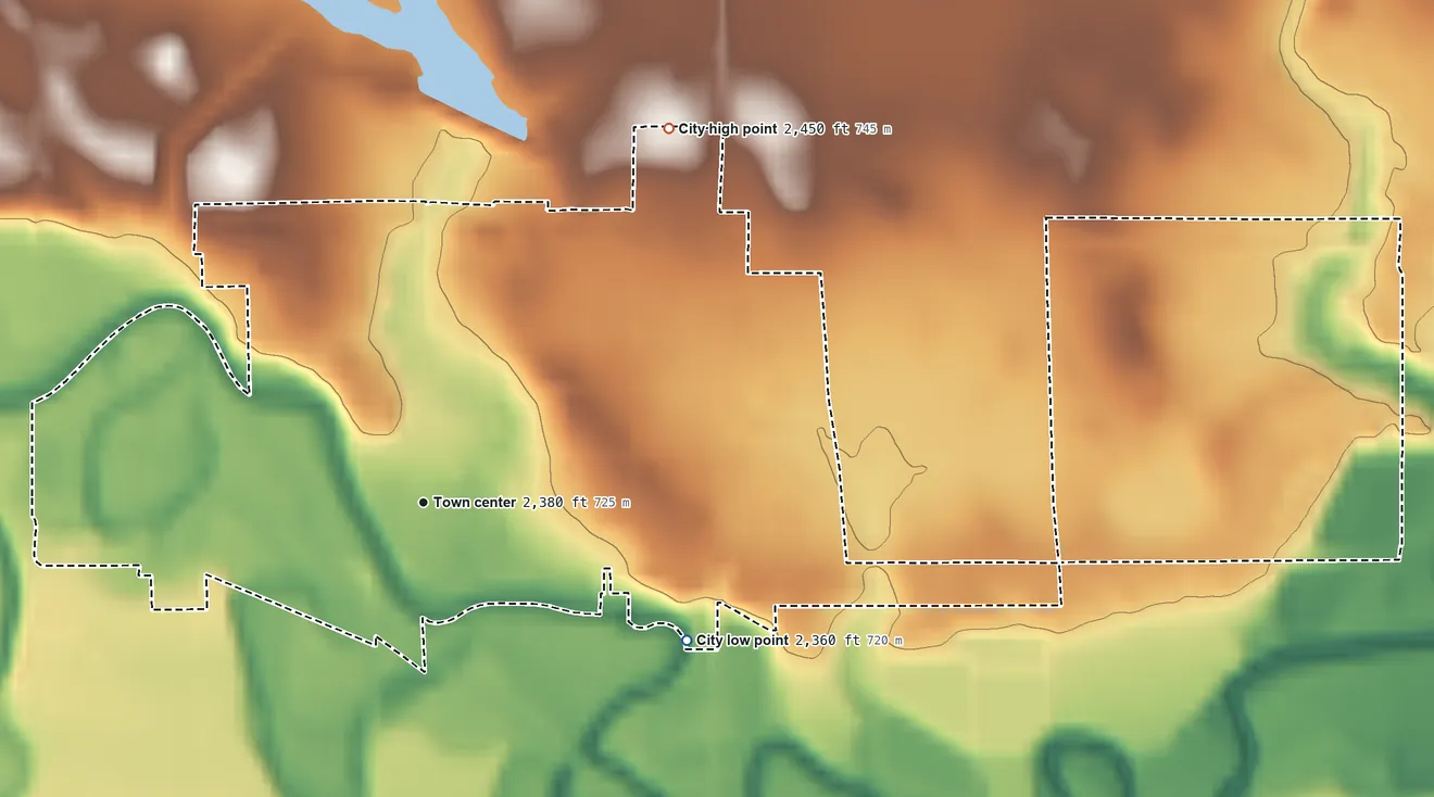 Topographic elevation map of Mott, North Dakota, shaded from 2,360 ft on the southeast side to 2,450 ft on the northeast side