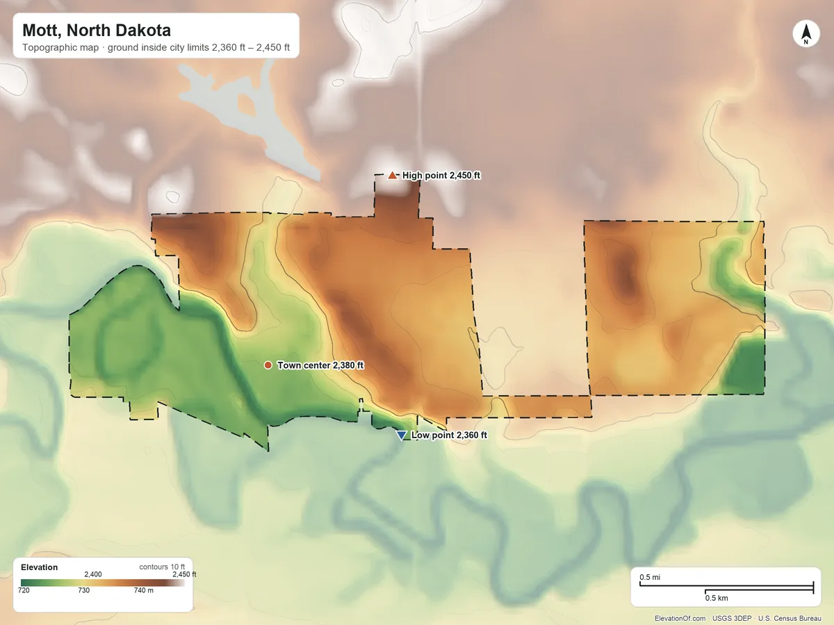 Topographic elevation map of Mott, North Dakota, shaded from 2,360 ft on the southeast side to 2,450 ft on the northeast side