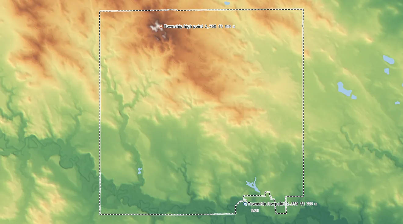 Topographic elevation map of Mott Township, North Dakota, shaded from 2,360 ft on the south side to 2,760 ft on the northwest side