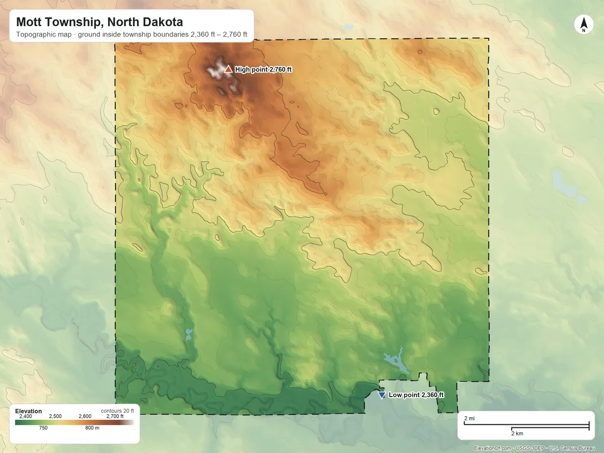 Topographic elevation map of Mott Township, North Dakota, shaded from 2,360 ft on the south side to 2,760 ft on the northwest side
