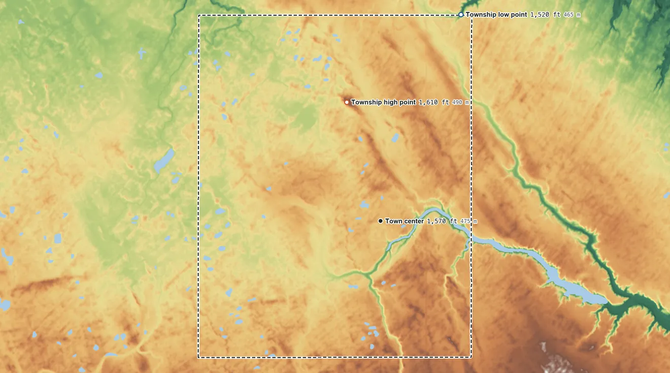 Topographic elevation map of Mount Carmel Township, North Dakota, shaded from 1,520 ft on the north side to 1,610 ft on the north side