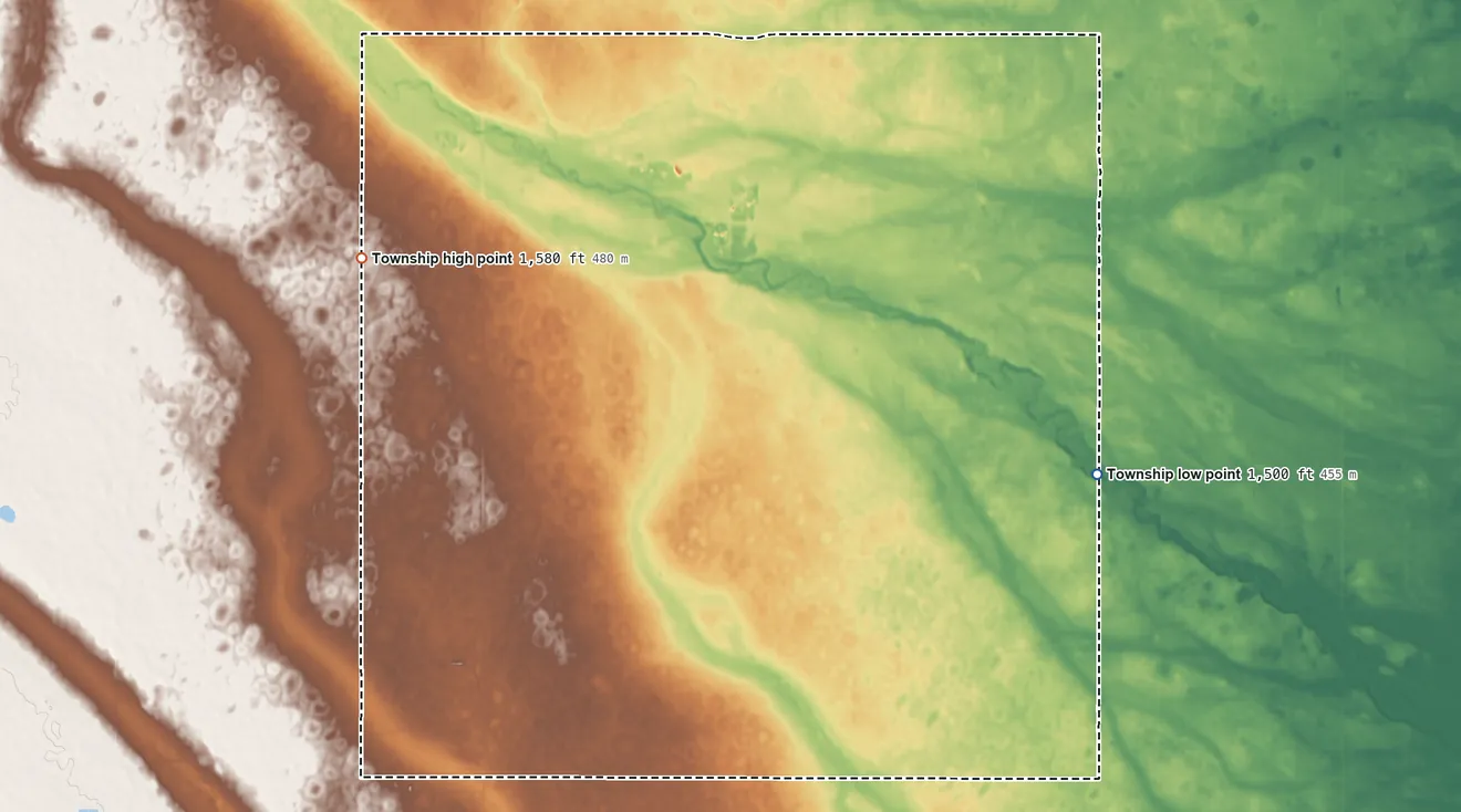 Topographic elevation map of Mount Rose Township, North Dakota, shaded from 1,500 ft on the southeast side to 1,580 ft on the west side