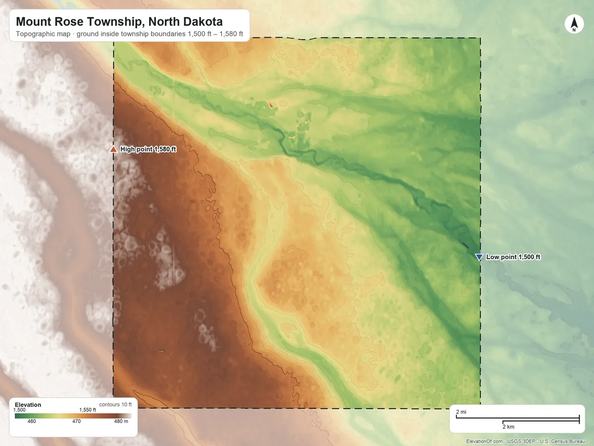 Topographic elevation map of Mount Rose Township, North Dakota, shaded from 1,500 ft on the southeast side to 1,580 ft on the west side