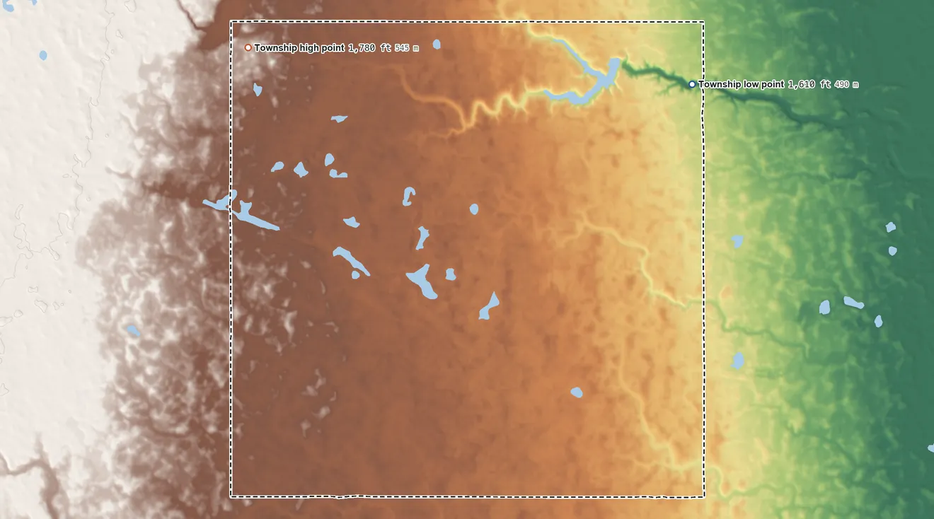 Topographic elevation map of Mount View Township, North Dakota, shaded from 1,610 ft on the northeast side to 1,780 ft on the northwest side