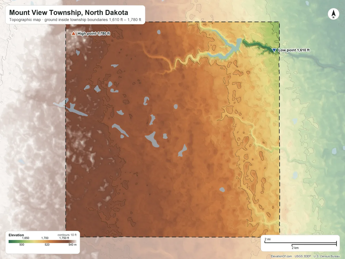 Topographic elevation map of Mount View Township, North Dakota, shaded from 1,610 ft on the northeast side to 1,780 ft on the northwest side