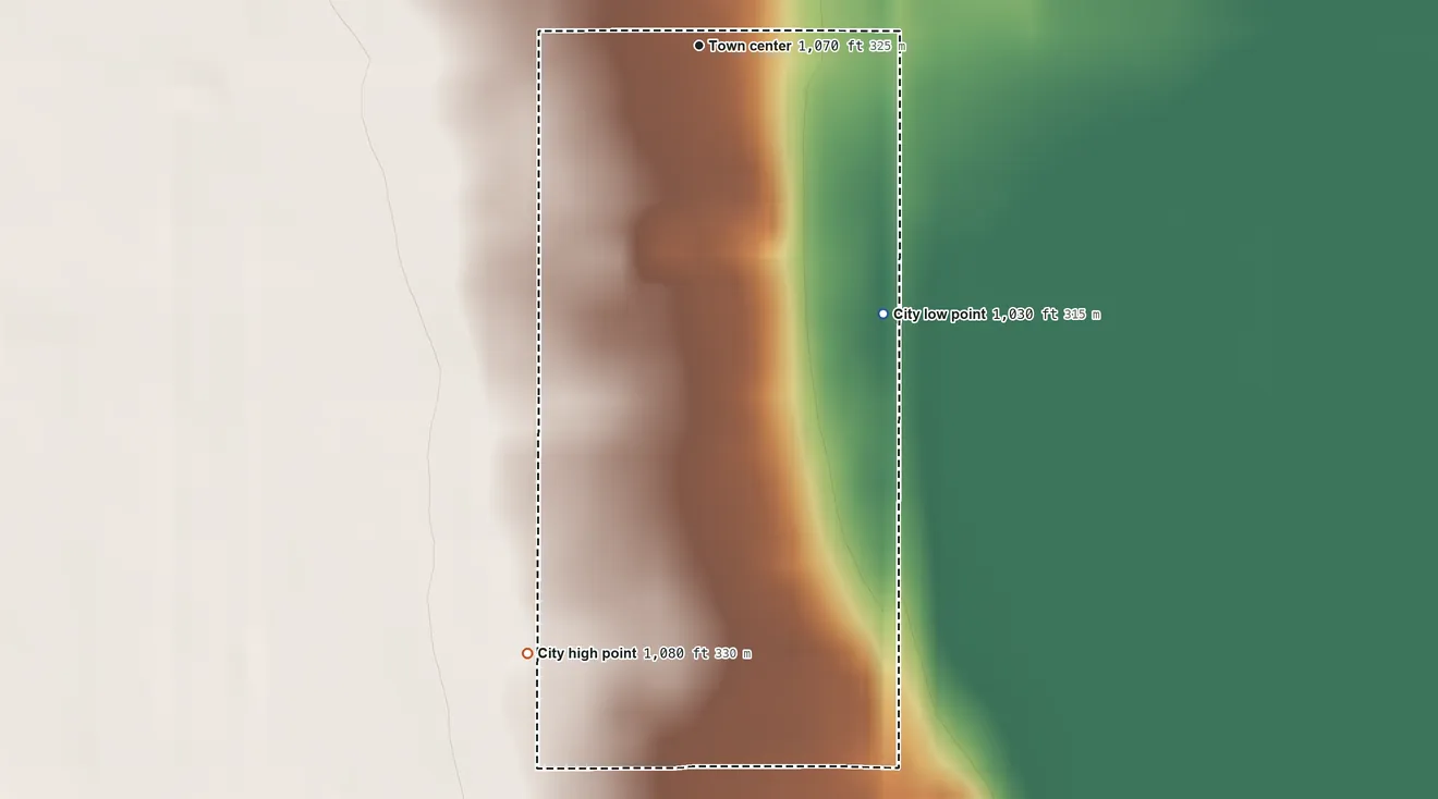 Topographic elevation map of Mountain, North Dakota, shaded from 1,030 ft on the southeast side to 1,080 ft on the south side